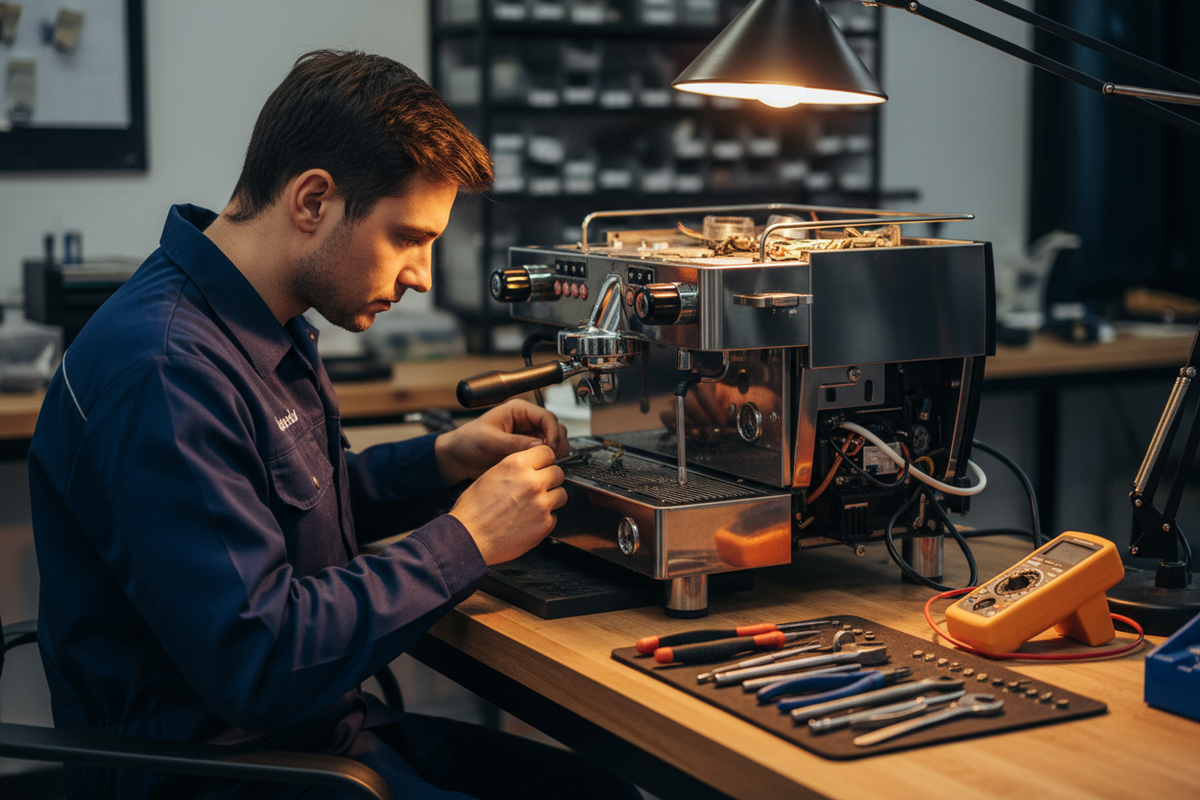 Technician repairing a coffee machine on a workshop bench