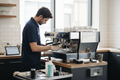 Technician performing preventive maintenance on a coffee machine