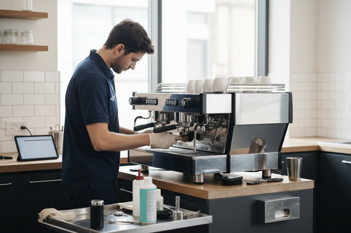 Technician performing preventive maintenance on a coffee machine